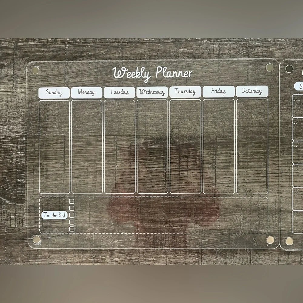 Monthly and weekly dry erase/magnetic/acrylic calendars. Each one is 12x16in.